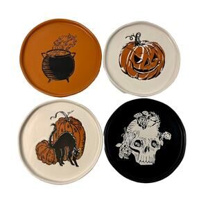(4) Threshold-Halloween Stoneware Plates Skull Bkack Cat Jack Pumpkin Cauldron
